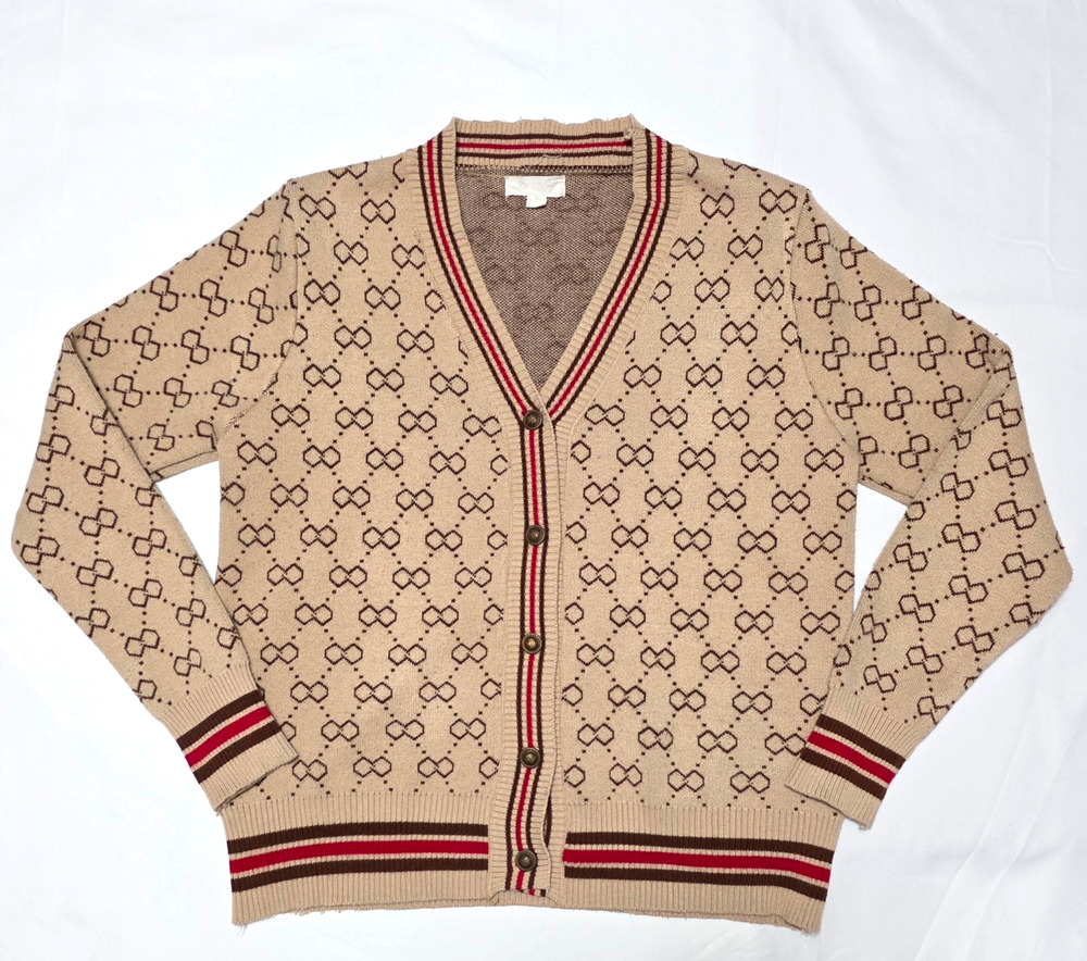 Women's Tan Geometric Pattern V-Neck Button Down Cardigan Sweater Size S